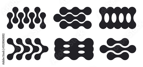 Metaball abstract shapes. Connected round figures and blobs icons, metaball connected dots flat vector illustration set. Liquid molecule shapes on white