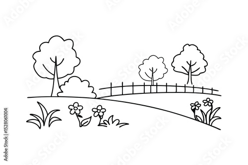Hand drawn landscape of a garden scene with trees flowers bushes and fence in outline