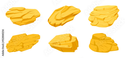 Shiny golden stones. Gold mine nuggets, precious yellow golden jewel gemstones flat vector illustration set. Cartoon golden treasure rocks