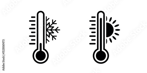 Winter and summer weather thermometer with snowflakes and suns. Low and high temperatures. Set of hot and cold temperature vector icons isolated on a white background.