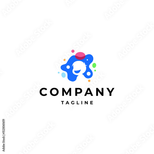 happy little kid logo with colorful bubble spot effect in a flat design style