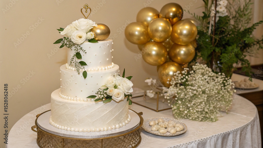 Celebratory multi-tiered cake set on a table for a wedding reception, surrounded by festive decor. Celebratory multi-tiered cake set on a table for a wedding reception, surrounded by festive decor.