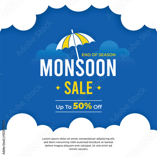 Flat design monsoon sale banner with umbrella and cloud background