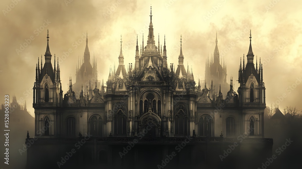 Naklejka premium Majestic Gothic Castle Towers Piercing the Misty Skyline in Dramatic Fantasy Landscape