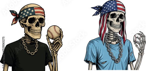 Patriotic Skeletons with Baseball And American Flag Bandanas Vector Art.