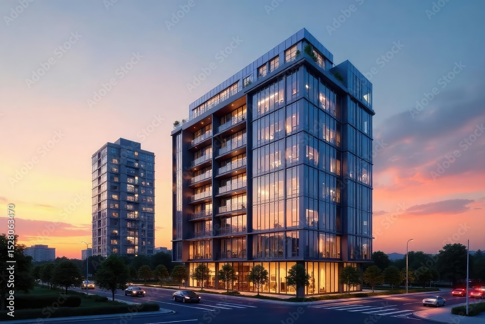 Obraz premium Modern city commercial building with sleek glass facade and urban backdrop at sunset Ideal for real estate, architecture, and business concepts , contemporary, tower