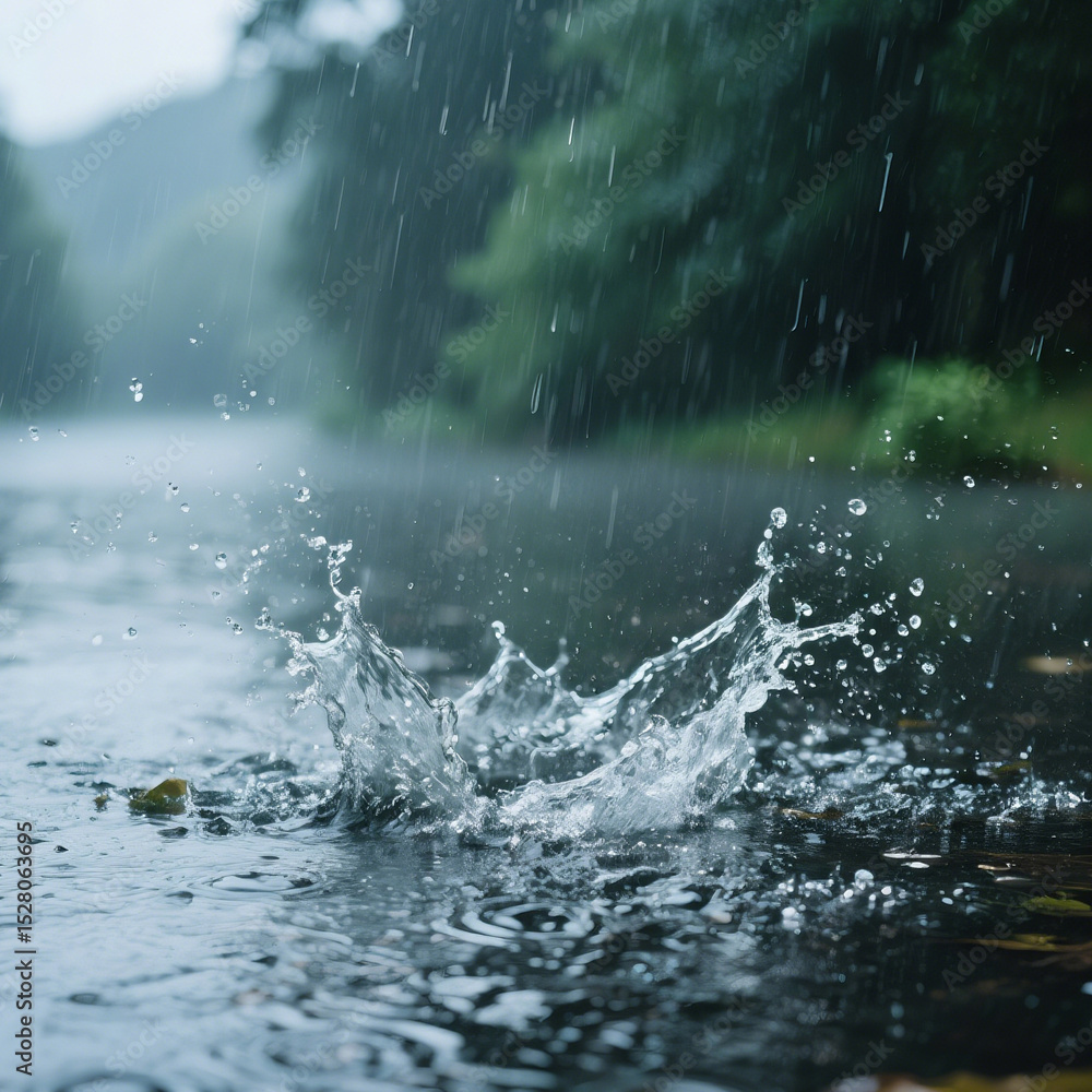 Fototapeta premium Serene Rainfall with Gentle Water Splashes