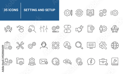 Settings and setup set of web icons in line style. Setup icons for web and mobile app. Settings, installation, maintenance, update, download, configuration, options, control. Vector illustration