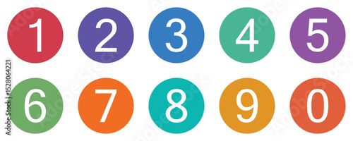 Colorful Number Icons Set – Digits 0 to 9 in Round Circle Vector Design with Long Shadow