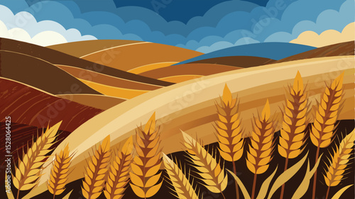 Wheat field vector illustration. Rural landscape with ripening ears of wheat.