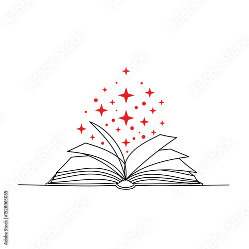 Open book with magical stars floating above in illustration style, suitable for educational projects, courses publishing houses and bookstores,prints,interior decor