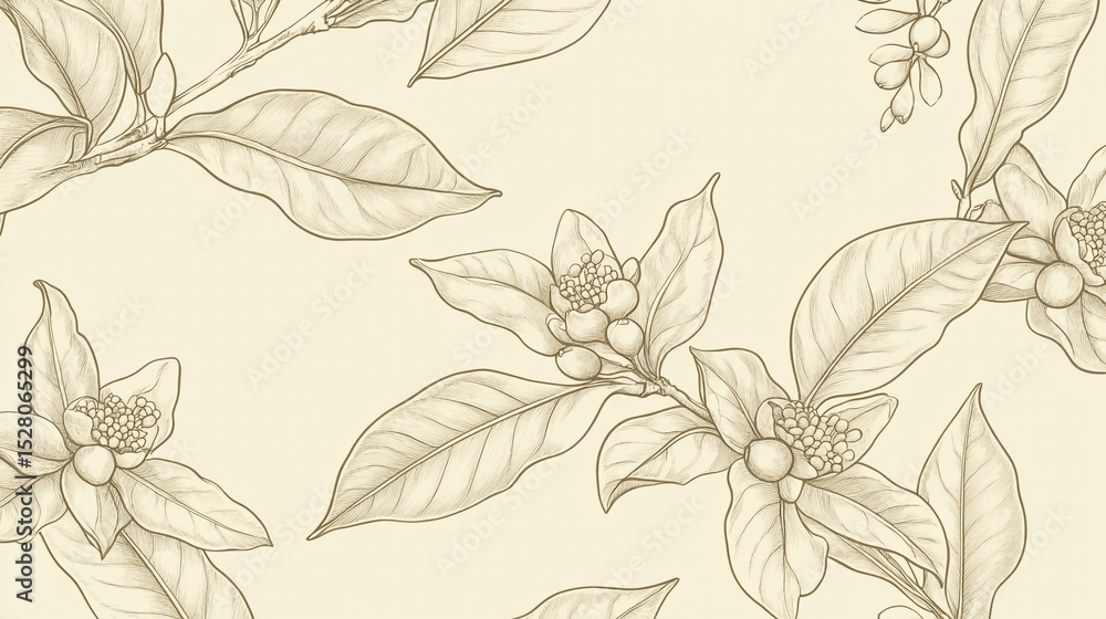Fototapeta premium A seamless pattern featuring delicate, hand-drawn coffee plant leaves, flowers, and berries in sepia tones on a plain background.