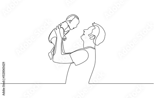 Father's Day greeting card. Continuous single drawn one line dad tosses a toddler, Minimalist black linear sketch isolated on white background. Vector illustration.