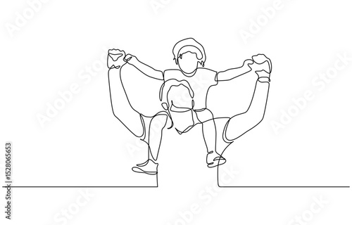 Father's Day greeting card. Continuous single drawn one line dad tosses a toddler, Minimalist black linear sketch isolated on white background. Vector illustration.