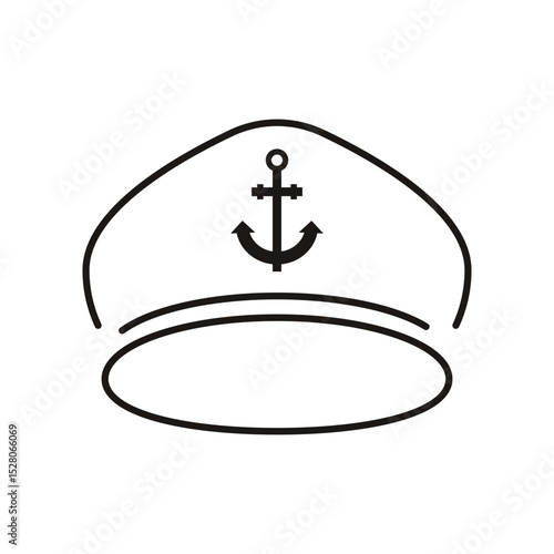 Black and white drawingon the sea captain's cap,cap,sailor's hat,white background,line art illustration icon logo camping holiday icon,by the sea,beach,travel,work on the ship,trip,sport,hike.