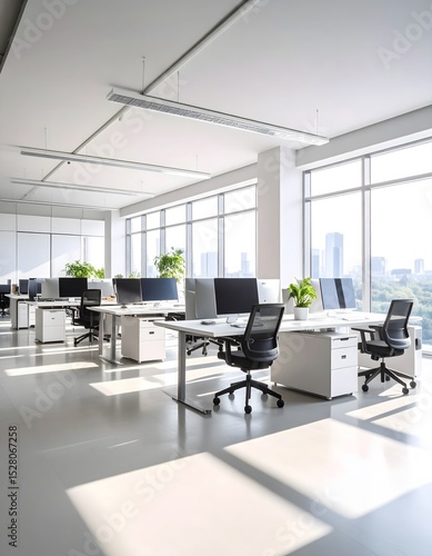 Fototapeta Naklejka Na Ścianę i Meble -  Bright contemporary office space with desks and city views
