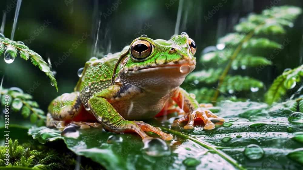 title:
Close-up of green frog sitting in rain forest during rainfall, seamless looping 4k time-lapse animation video background title:
Close-up of green frog sitting in rain forest during rainfall, seamless looping 4k time-lapse animation video background