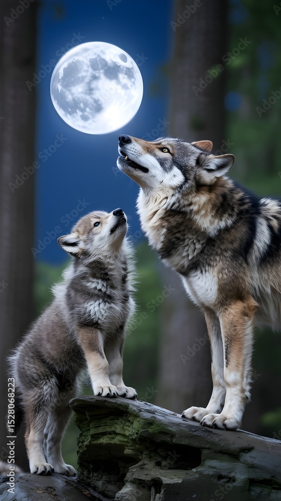 Fototapeta premium Wolf pup and mother howling at the moon in a forest at night