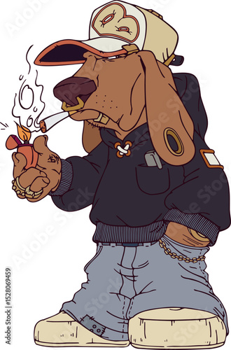 DOG HIP-HOP GANGSTER CHARACTER WITH CIGARETTE, CAP AND CHAIN