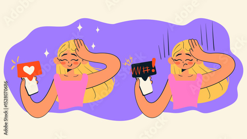 Happy girl check likes and receives negative comments on social media. Blogging, content creator concept. Cartoon isolated vector illustration.