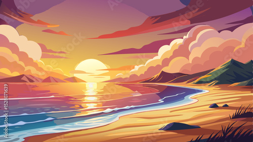 Beautiful sunrise over a serene beach with soft waves gently touching the shore. Warm colors fill the sky, creating a peaceful and inspiring morning atmosphere, vector illustration