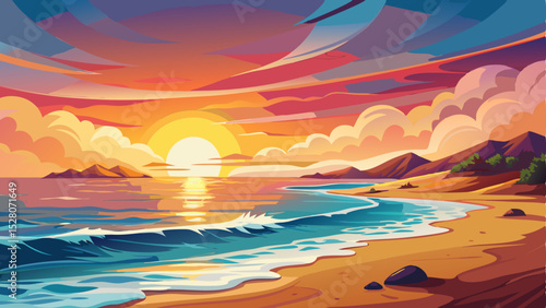 Beautiful sunrise over a serene beach with soft waves gently touching the shore. Warm colors fill the sky, creating a peaceful and inspiring morning atmosphere, vector illustration