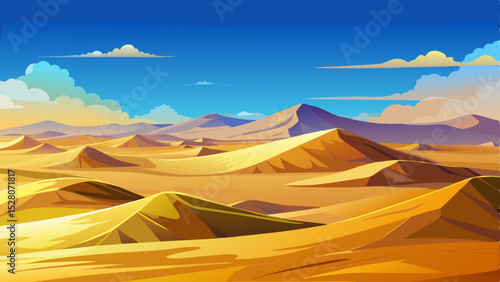 Vast desert landscape featuring rolling sand dunes under a clear blue sky. Peaceful and endless scenery with soft golden sand and warm sunlight creating a tranquil atmosphere, vector illustration