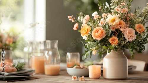 Wallpaper Mural A stunning floral arrangement filled with vibrant hues placed elegantly on a dining table, creating a warm and inviting atmosphere for a delightful gathering. Torontodigital.ca