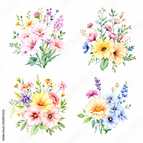 Set of watercolor flowers on white background
