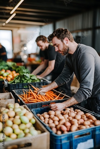 Volunteers Sorting Fresh Produce in a Food Bank Warehouse