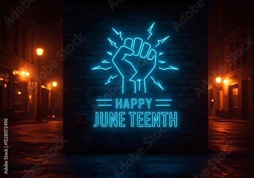 Happy Juneteenth neon sign on brick wall at night