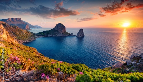 picturesque morning view of milazzo cape spectacular summer sunrise of sicily italy europe wonderful seascape of mediterranean sea beauty of nature concept background