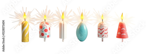 A row of five different colored candles with sparklers on them.