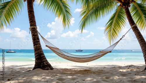 Tropical Beach Scene with Hammock and Palm Trees Near the Ocean Under Bright Blue Sky