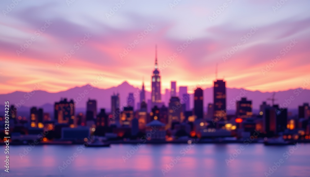 Obraz premium Blurry City Skyline Silhouette at Sunset with Purple and Pink Hues over Water Reflections