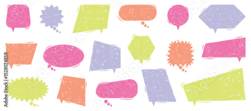 Speech balloon crayon. Various colorful speech bubbles in different shapes and sizes create a lively backdrop for discussions, designs, or social media interactions. Grunge texture.