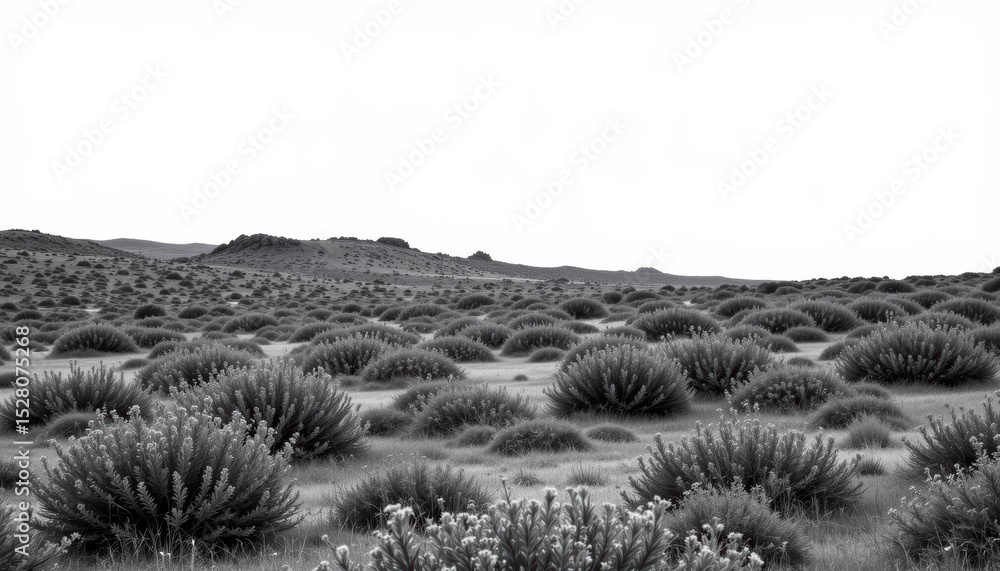 Vast Black and White Desert Landscape with Native Flora and Rugged Horizon Under Overcast Sky Vast Black and White Desert Landscape with Native Flora and Rugged Horizon Under Overcast Sky