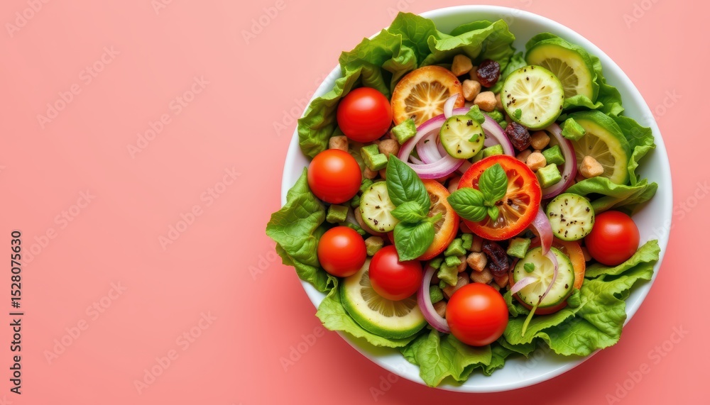 Vibrant Fresh Salad With Cherry Tomatoes, Cucumbers, And Assorted Vegetables On Pink Background Vibrant Fresh Salad With Cherry Tomatoes, Cucumbers, And Assorted Vegetables On Pink Background