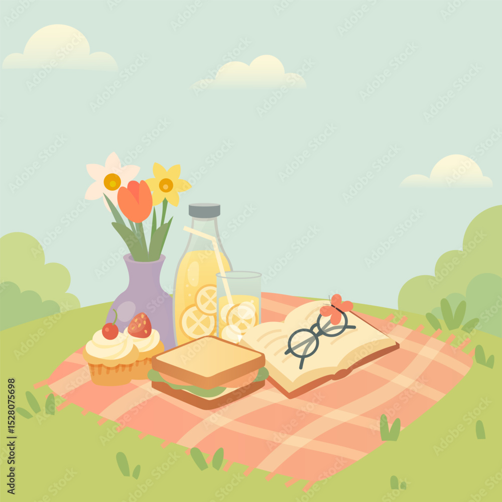 Vector Illustration of Picnic with Lemonade, Sandwich, Cupcake, Flowers and Book on Blanket in Summer Park Vector Illustration of Picnic with Lemonade, Sandwich, Cupcake, Flowers and Book on Blanket in Summer Park