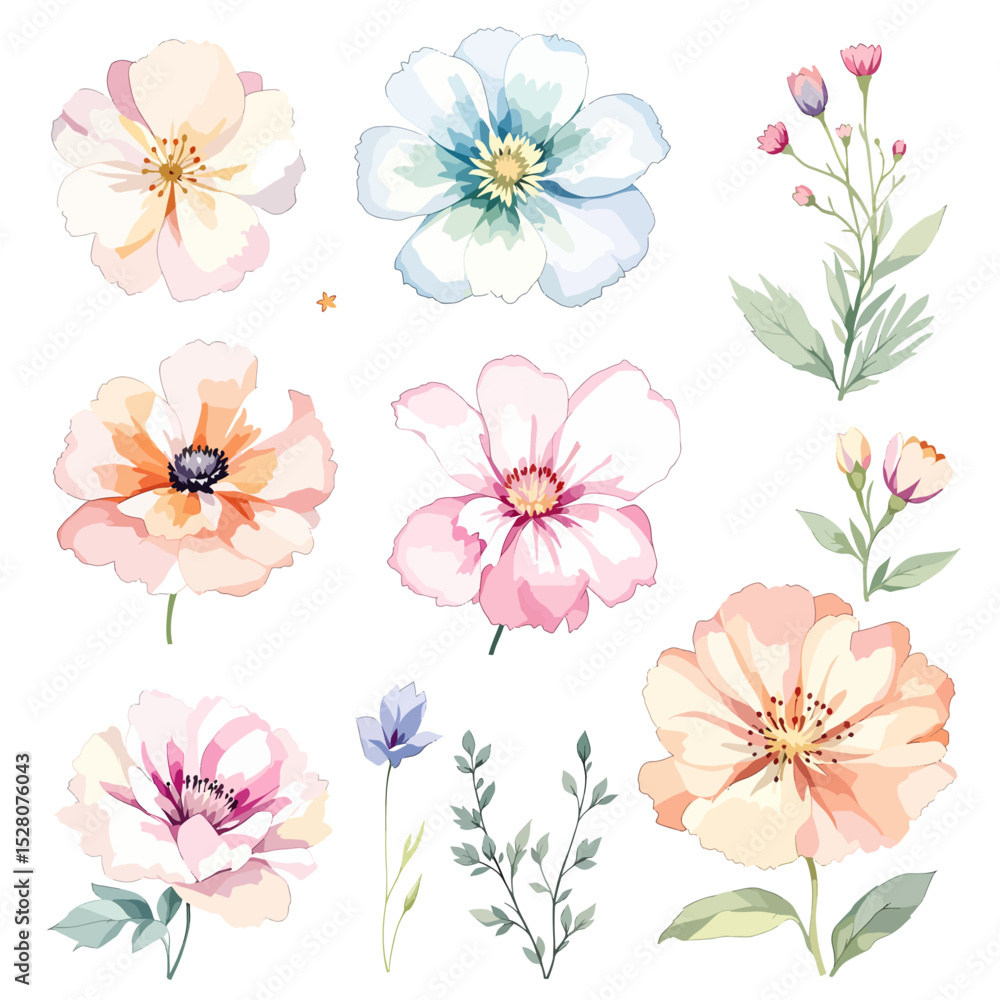 Obraz premium Set of watercolor flowers on white background, Clipart watercolor flowers 