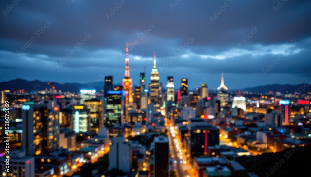 Obraz premium Dramatic Night Skyline of a Modern Urban City with Luminous Buildings and Cloudy Sky