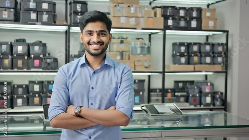 Portrait of a young, smiling Indian salesman confidently standing with arms crossed in a bustling store filled with boxes, wearing a blue shirt and a stylish wristwatch