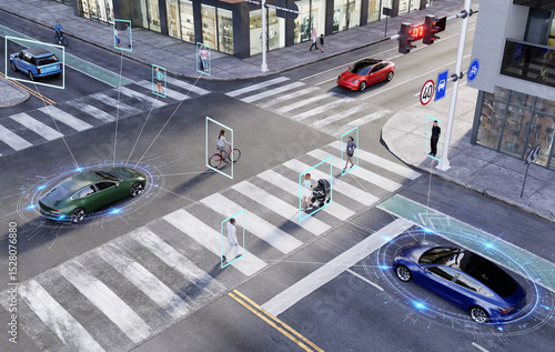 Fotografie 3D render of an urban scene with autonomous vehicles and people