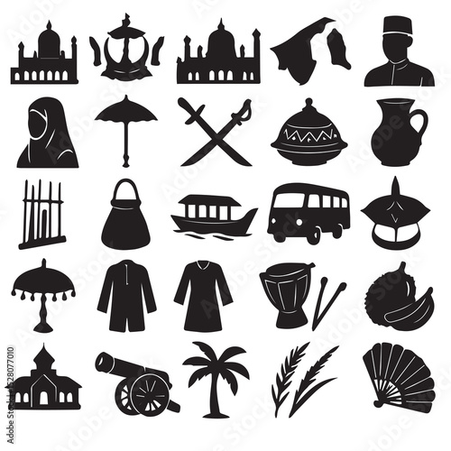 Collection of black and white silhouettes representing malaysian culture and traditions