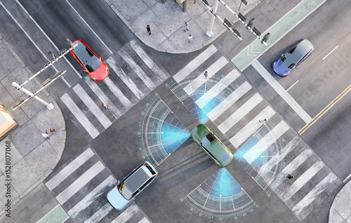 3d top view Illustration of smart vehicle approaching an intersection
