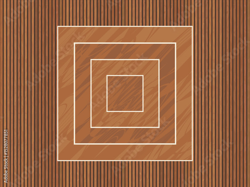 Vertical slatted wood pattern as a background with square wooden panels stacked in the middle. Beautiful, vintage, luxurious, used for wall decoration, ceiling, room divider, floor material, furniture
