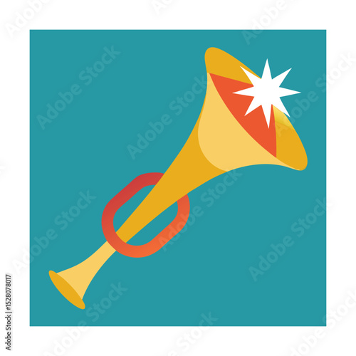 Cartoon illustration of a golden trumpet with a bright starburst on teal background