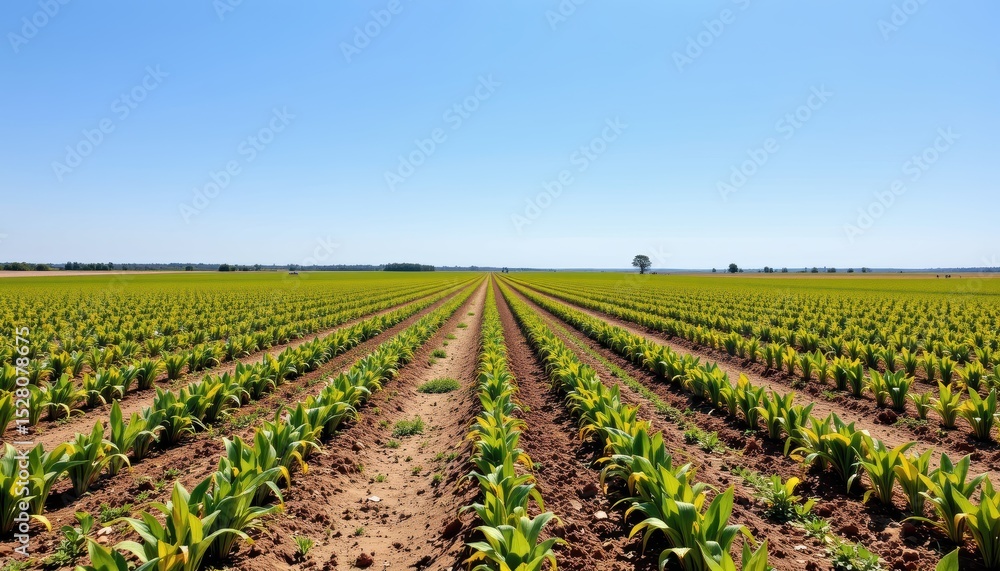 Vast Tobacco Fields Under Clear Blue Sky with Sunlight in Rural Landscape Vast Tobacco Fields Under Clear Blue Sky with Sunlight in Rural Landscape