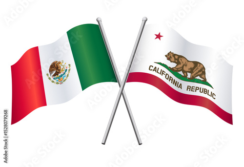 mexico and california LA flags in relationship alliance or versus conflict crossed flagpoles vector isolated on transparent background
