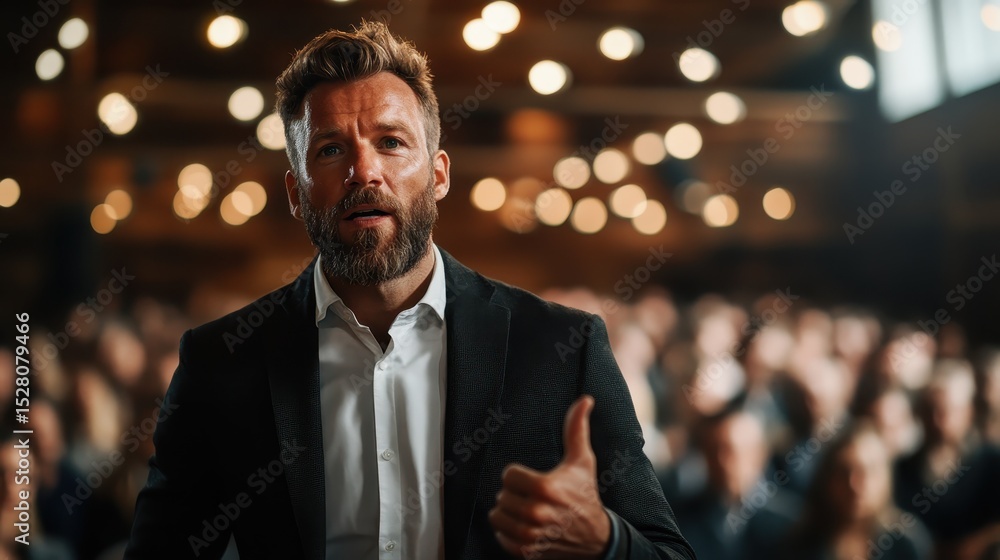 Fototapeta premium A charismatic speaker stands confidently before an attentive audience in a hall, conveying passion and making a powerful connection with his message amid an inspiring atmosphere.